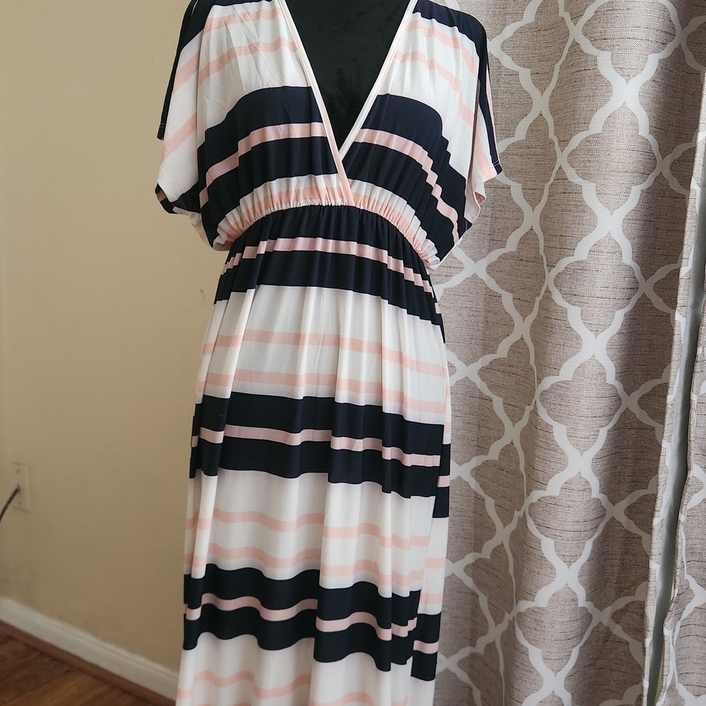 Striped V-Neck Maxi Dress - Black, White, Pink